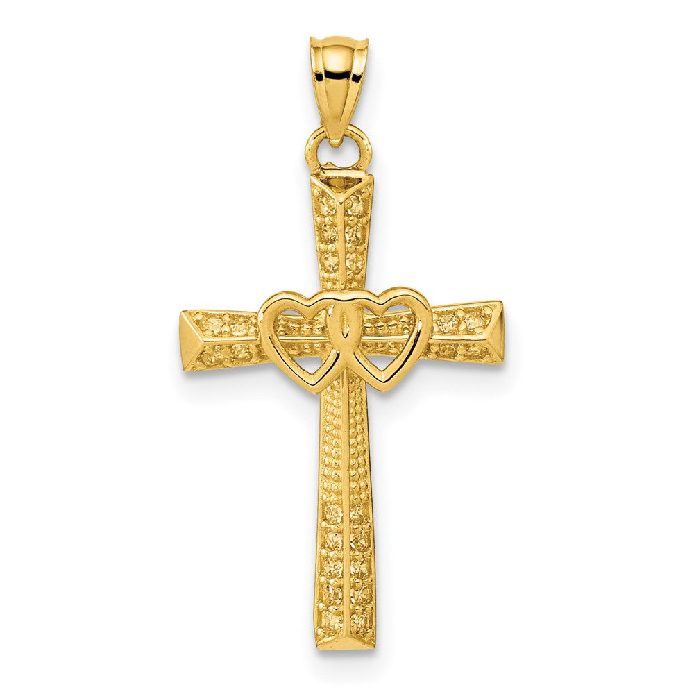 14K Gelbgold 14K Kreuz mit Doppelt Herzen Zirkonia Anhänger