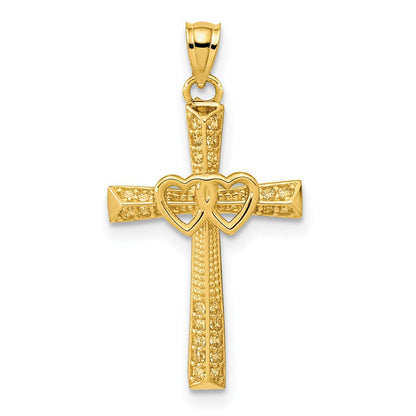 14K Gelbgold 14K Kreuz mit Doppelt Herzen Zirkonia Anhänger