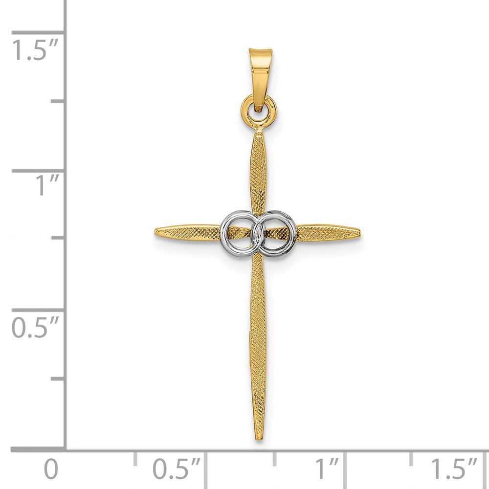 14K Bicolor Gold Polierter und Satinierter Massiver Doppelring-Kreuzanhänger