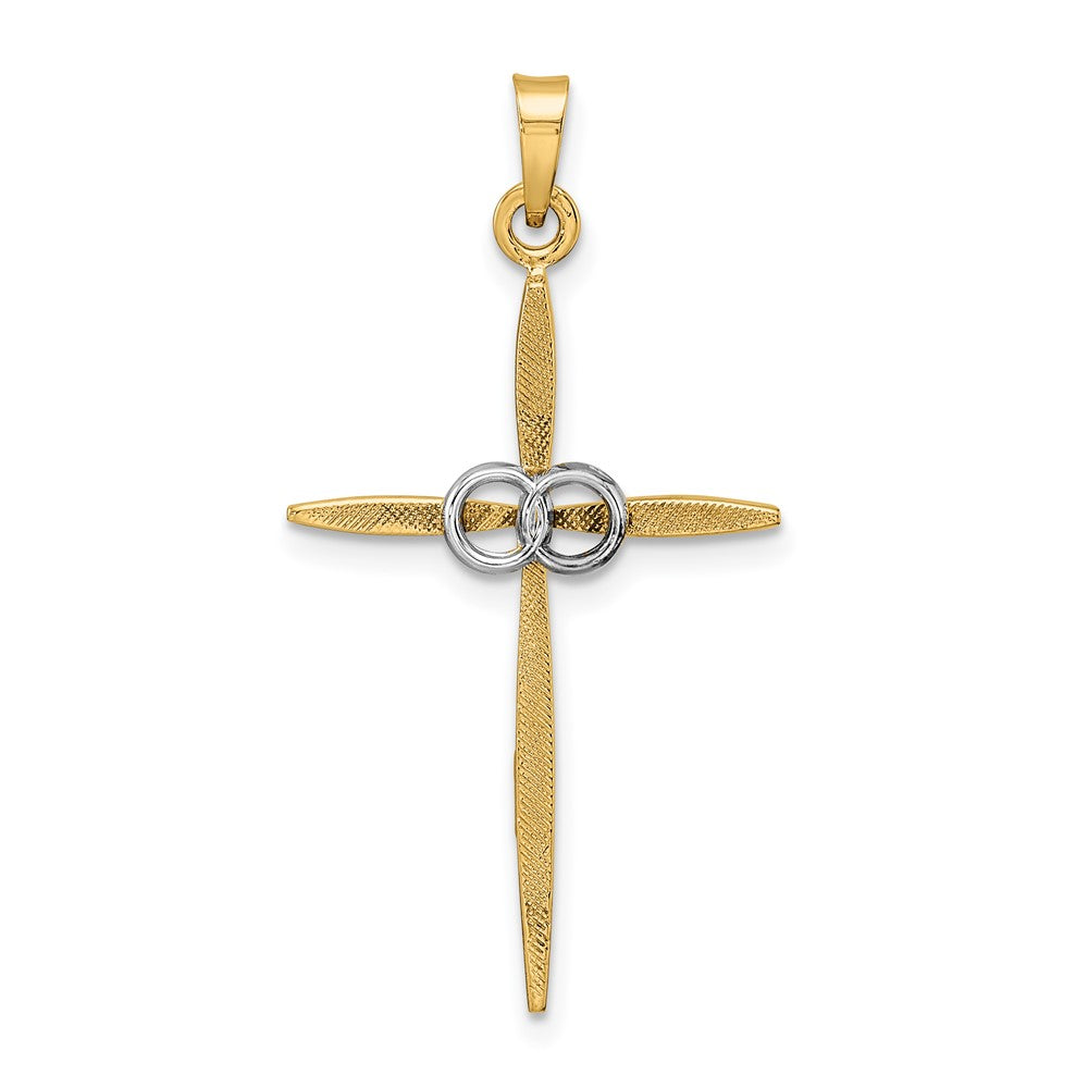 14K Bicolor Gold Polierter und Satinierter Massiver Doppelring-Kreuzanhänger