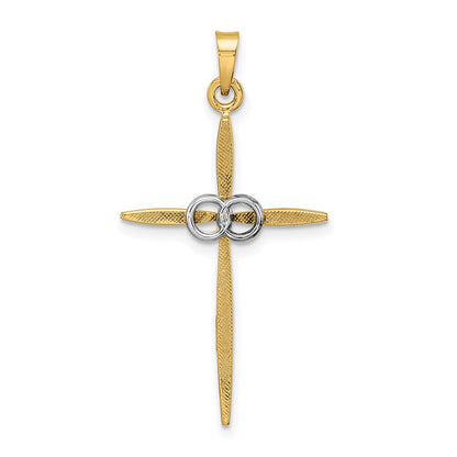 14K Bicolor Gold Polierter und Satinierter Massiver Doppelring-Kreuzanhänger
