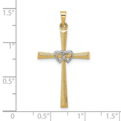 14K Bicolor Gold Massiver Doppelherz-Kreuz-Anhänger