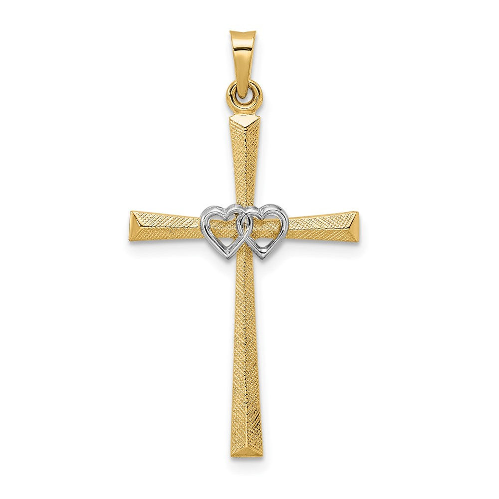 14K Bicolor Gold Massiver Doppelherz-Kreuz-Anhänger