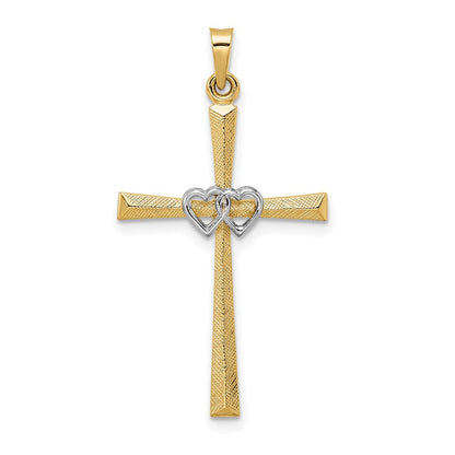 14K Bicolor Gold Massiver Doppelherz-Kreuz-Anhänger