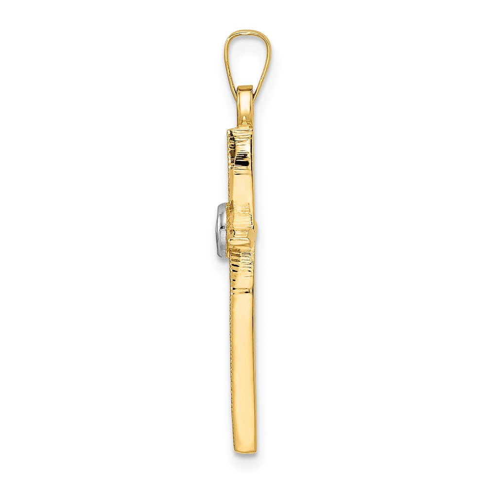 14K Bicolor-Gold Polierter und Mattierter Massiver Doppelring-Kreuz-Anhänger