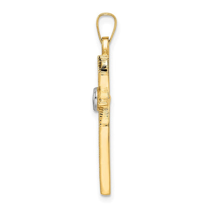 14K Bicolor-Gold Polierter und Mattierter Massiver Doppelring-Kreuz-Anhänger