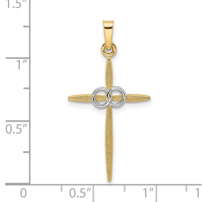 14K Bicolor-Gold Polierter und Mattierter Massiver Doppelring-Kreuz-Anhänger