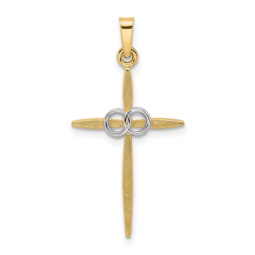 14K Bicolor-Gold Polierter und Mattierter Massiver Doppelring-Kreuz-Anhänger