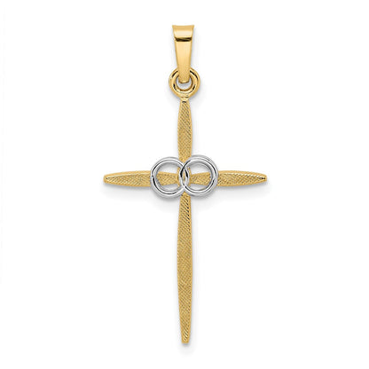 14K Bicolor-Gold Polierter und Mattierter Massiver Doppelring-Kreuz-Anhänger