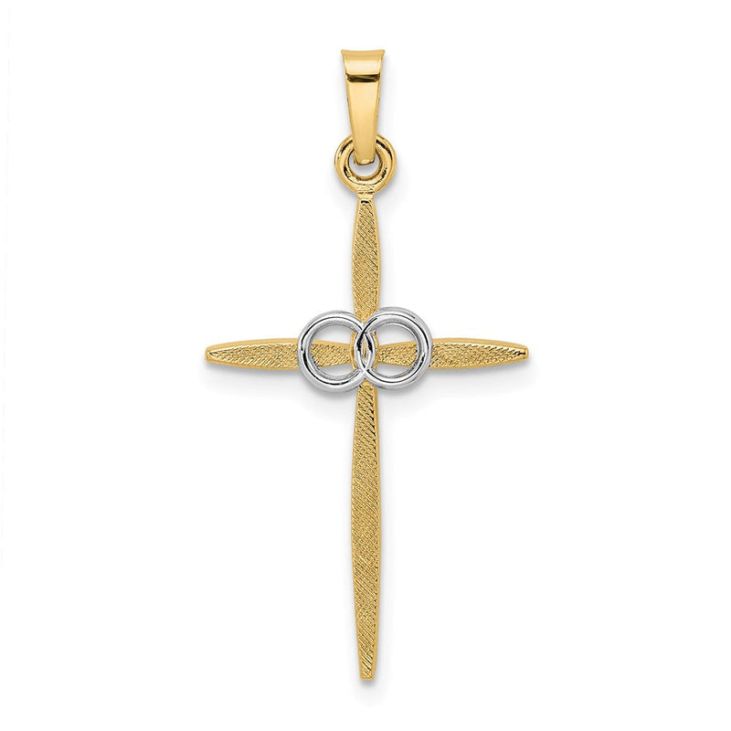 14K Bicolor-Gold Polierter und Mattierter Massiver Doppelring-Kreuz-Anhänger