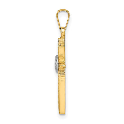 14K Bicolor Gold polierter und mattierter massiver Doppelring-Kreuzanhänger