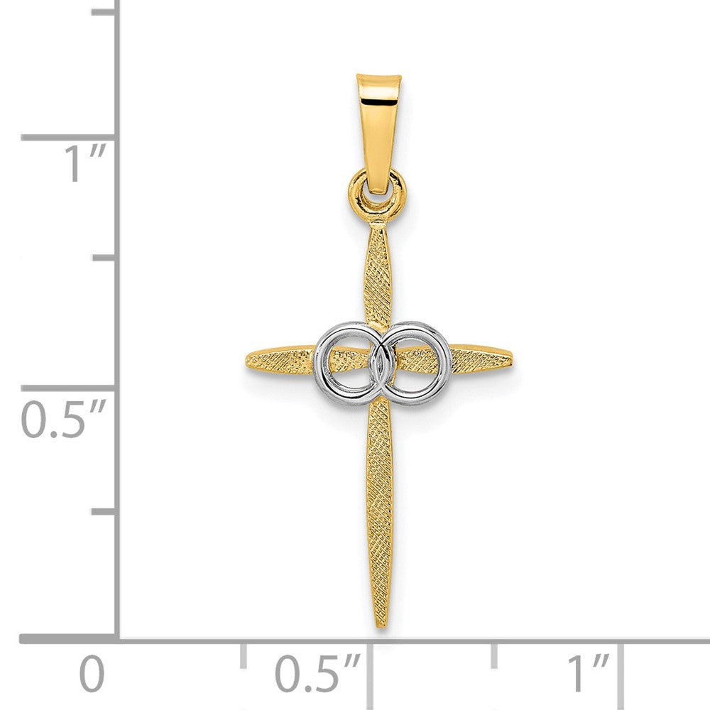 14K Bicolor Gold polierter und mattierter massiver Doppelring-Kreuzanhänger