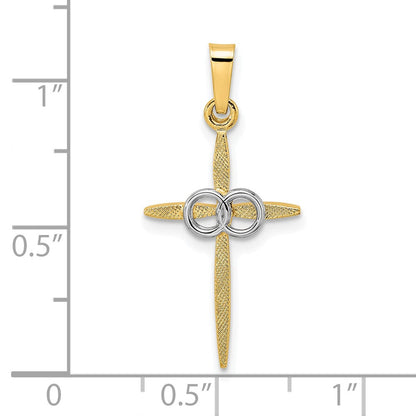 14K Bicolor Gold polierter und mattierter massiver Doppelring-Kreuzanhänger