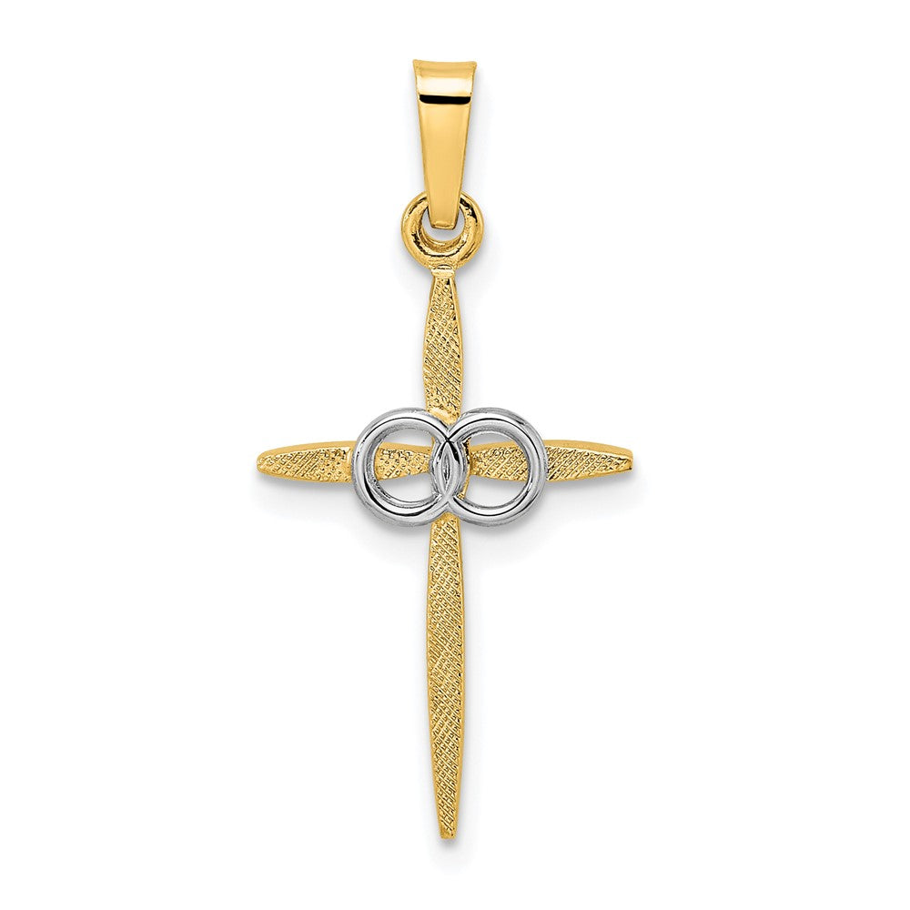 14K Bicolor Gold polierter und mattierter massiver Doppelring-Kreuzanhänger