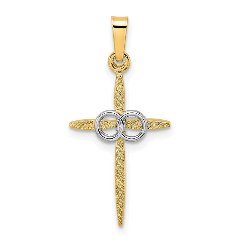14K Bicolor Gold polierter und mattierter massiver Doppelring-Kreuzanhänger