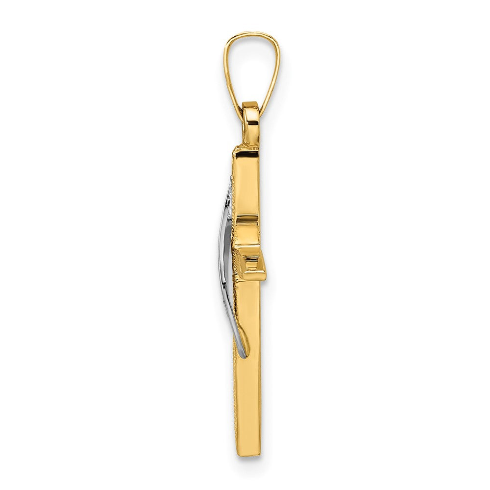14K Bicolor-Gold Polierter und Mattierter Massiver Methodisten-Kreuz-Anhänger