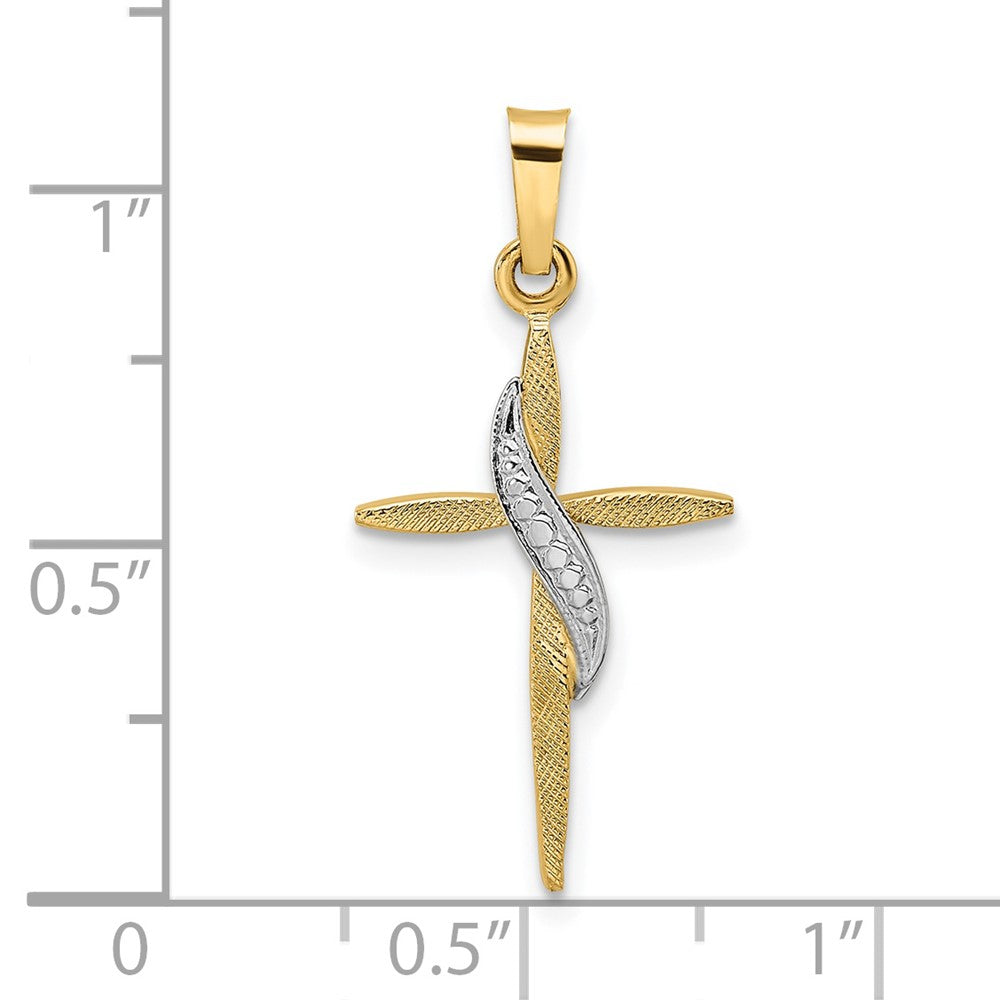 14K Bicolor-Gold Polierter und Mattierter Massiver Methodisten-Kreuz-Anhänger