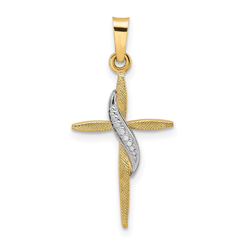 14K Bicolor-Gold Polierter und Mattierter Massiver Methodisten-Kreuz-Anhänger