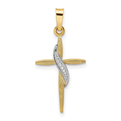 14K Bicolor-Gold Polierter und Mattierter Massiver Methodisten-Kreuz-Anhänger