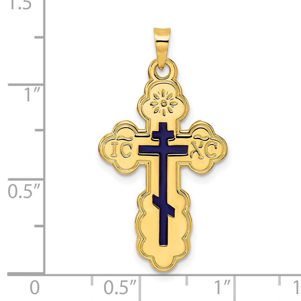 14 Karat Gelbgold Polierter Orthodoxer Kreuz-Anhänger mit blauem Emaille, massiv