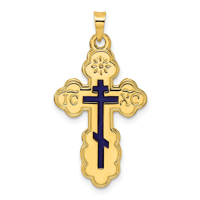 14 Karat Gelbgold Polierter Orthodoxer Kreuz-Anhänger mit blauem Emaille, massiv