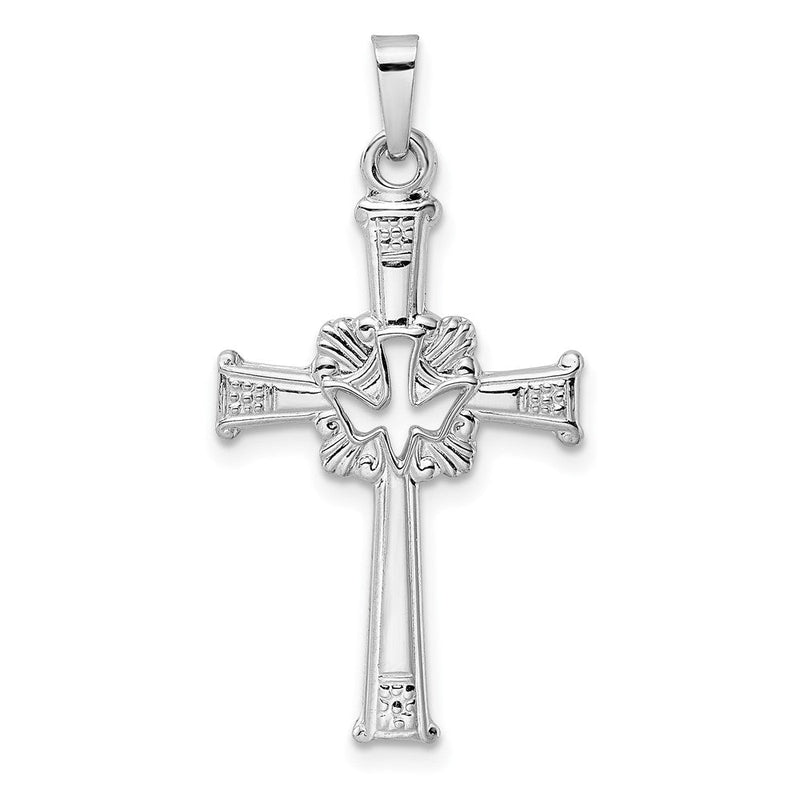 14K Weißgold Polierter Ausgeschnittener Massiver Taube-Kreuz-Anhänger