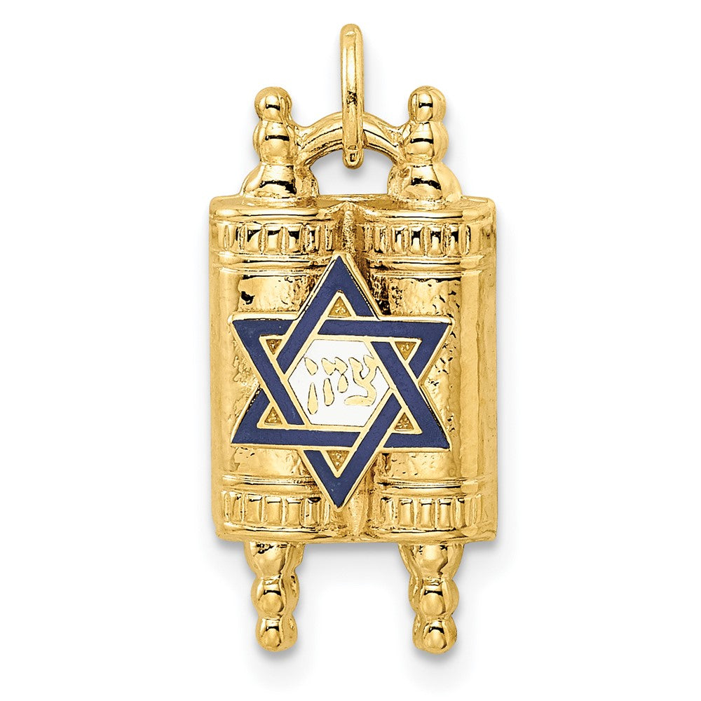 14K Gelbgold Polierter Massiver Tora- und Emaillierter Davidstern-Anhänger