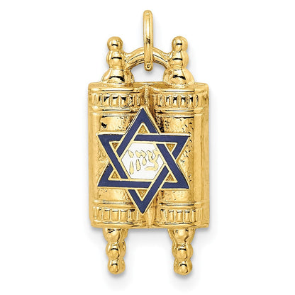 14K Gelbgold Polierter Massiver Tora- und Emaillierter Davidstern-Anhänger