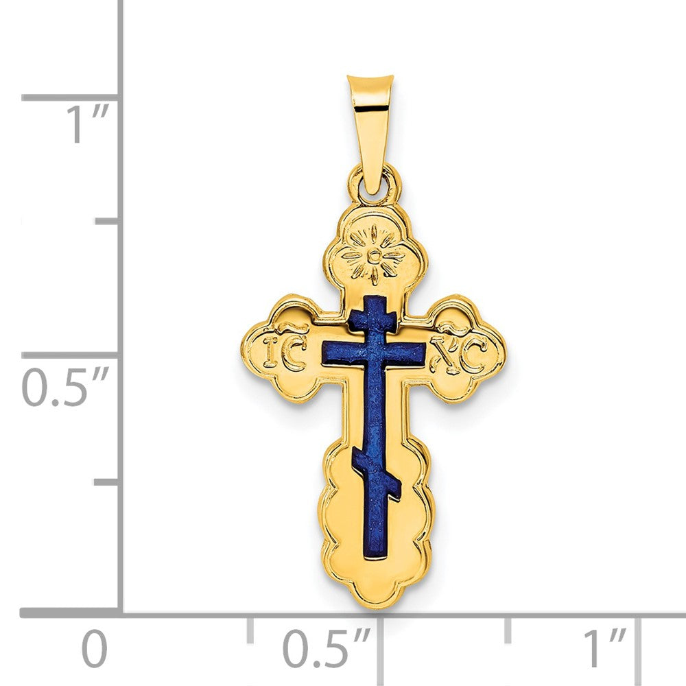 14k Gelbgold Polierter Orthodoxer Kreuz-Anhänger mit Blauem Email, massiv
