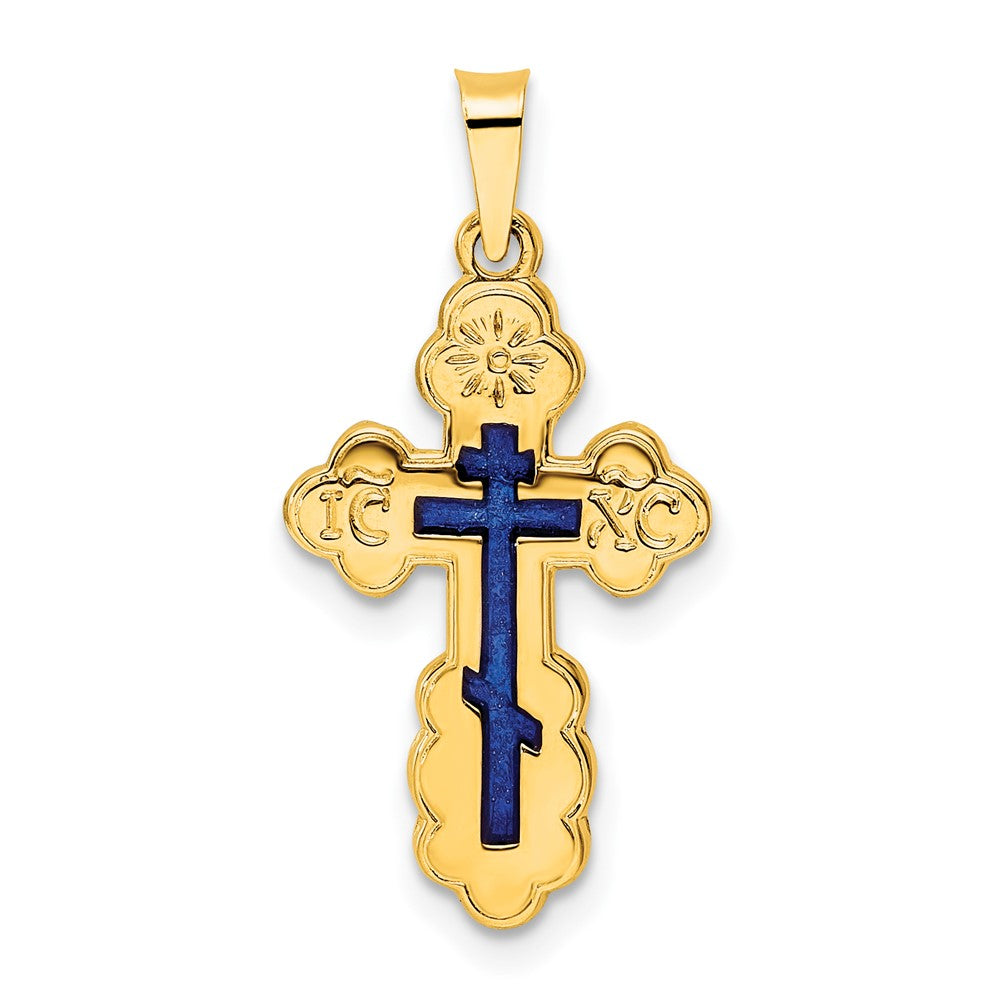 14k Gelbgold Polierter Orthodoxer Kreuz-Anhänger mit Blauem Email, massiv