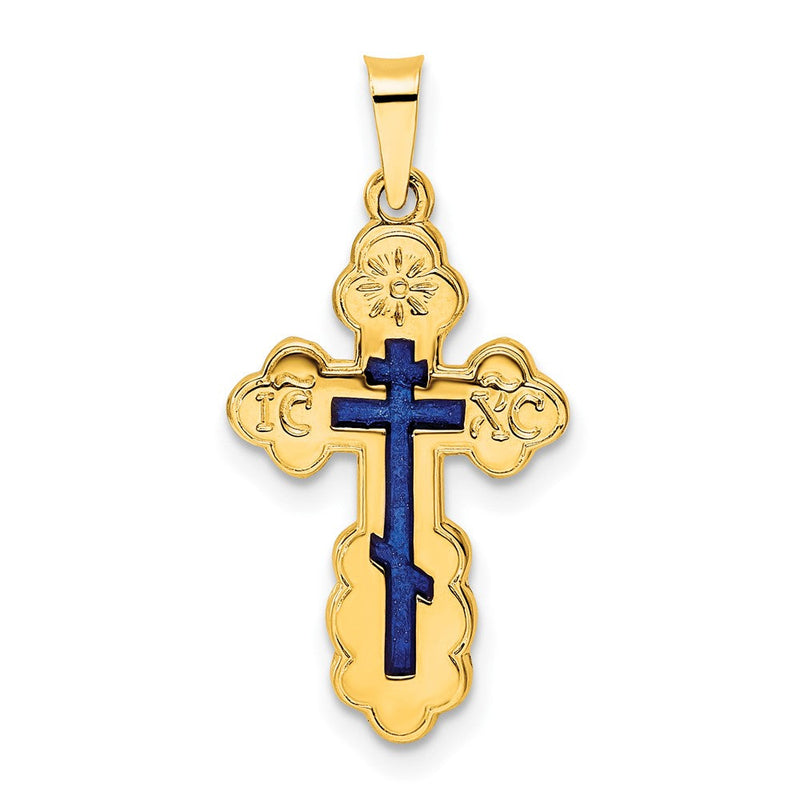 14k Gelbgold Polierter Orthodoxer Kreuz-Anhänger mit Blauem Email, massiv