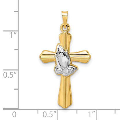 14K Gelb & Rhodium Poliert Hohl Betend Hands Kreuz Anhänger