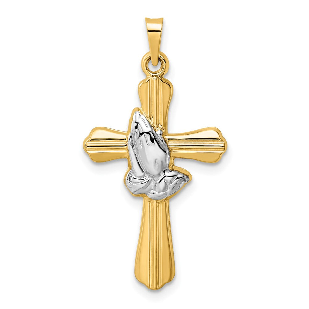 14K Gelb & Rhodium Poliert Hohl Betend Hands Kreuz Anhänger