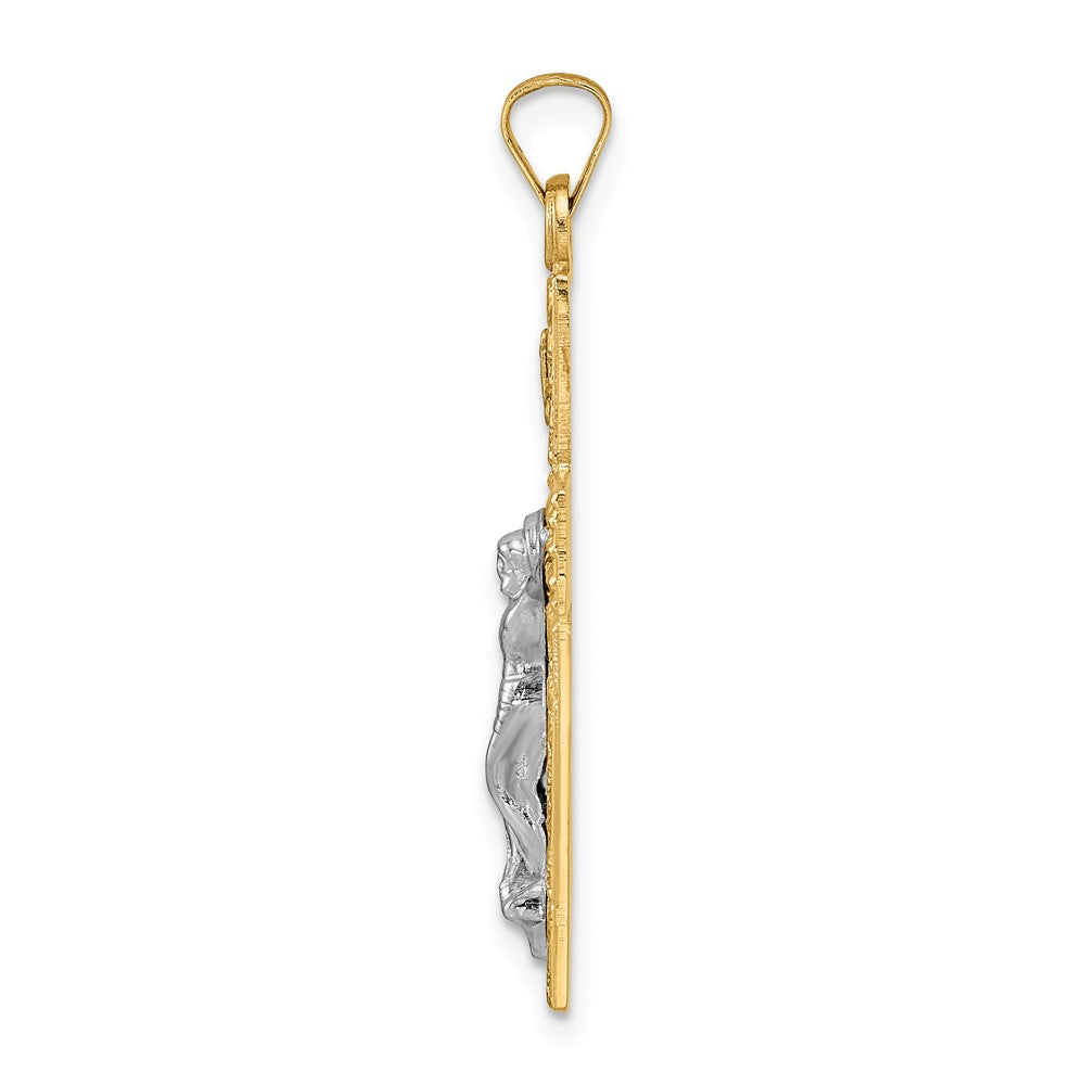 14K Bicolor Gold polierter Kruzifix-Anhänger „INRI" mit Holzstruktur, massiv