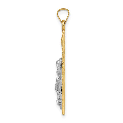 14K Bicolor Gold polierter Kruzifix-Anhänger „INRI" mit Holzstruktur, massiv