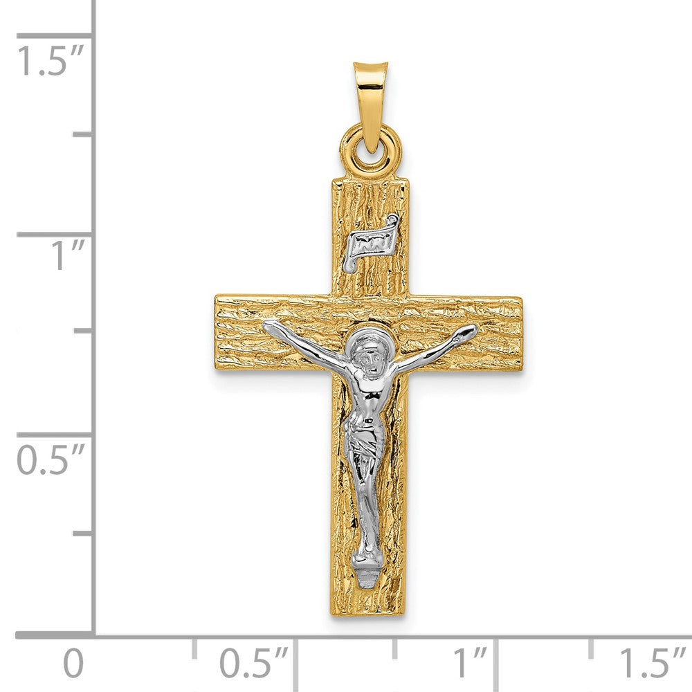 14K Bicolor Gold polierter Kruzifix-Anhänger „INRI" mit Holzstruktur, massiv