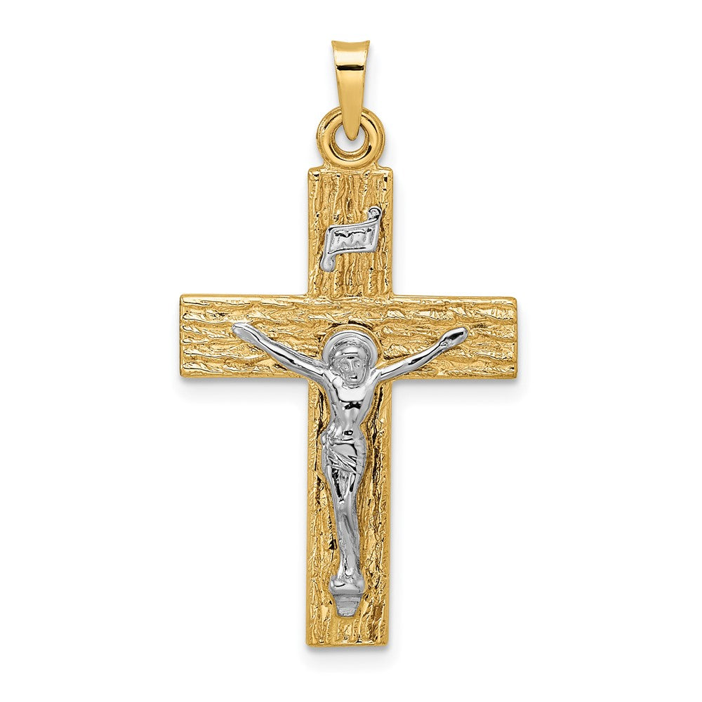 14K Bicolor Gold polierter Kruzifix-Anhänger „INRI" mit Holzstruktur, massiv