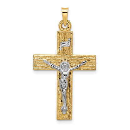 14K Bicolor Gold polierter Kruzifix-Anhänger „INRI" mit Holzstruktur, massiv