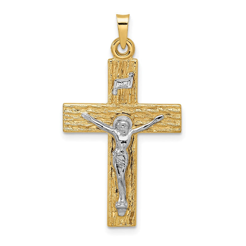 14K Bicolor Gold polierter Kruzifix-Anhänger „INRI" mit Holzstruktur, massiv