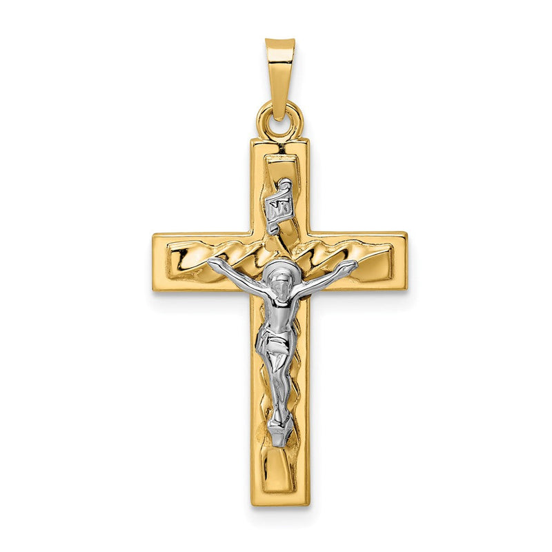 14K Bicolor 14K Bicolor Poliert und Gedreht Hohl Inri Kruzifix Anhänger