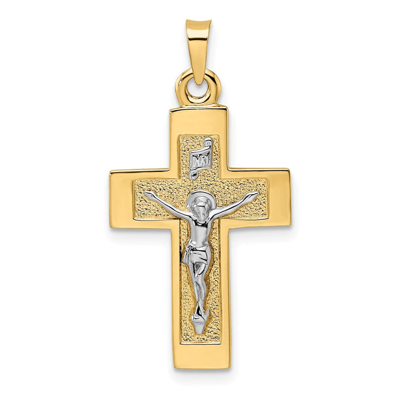 14K Bicolor Gold polierter massiver INRI-Kruzifix-Anhänger