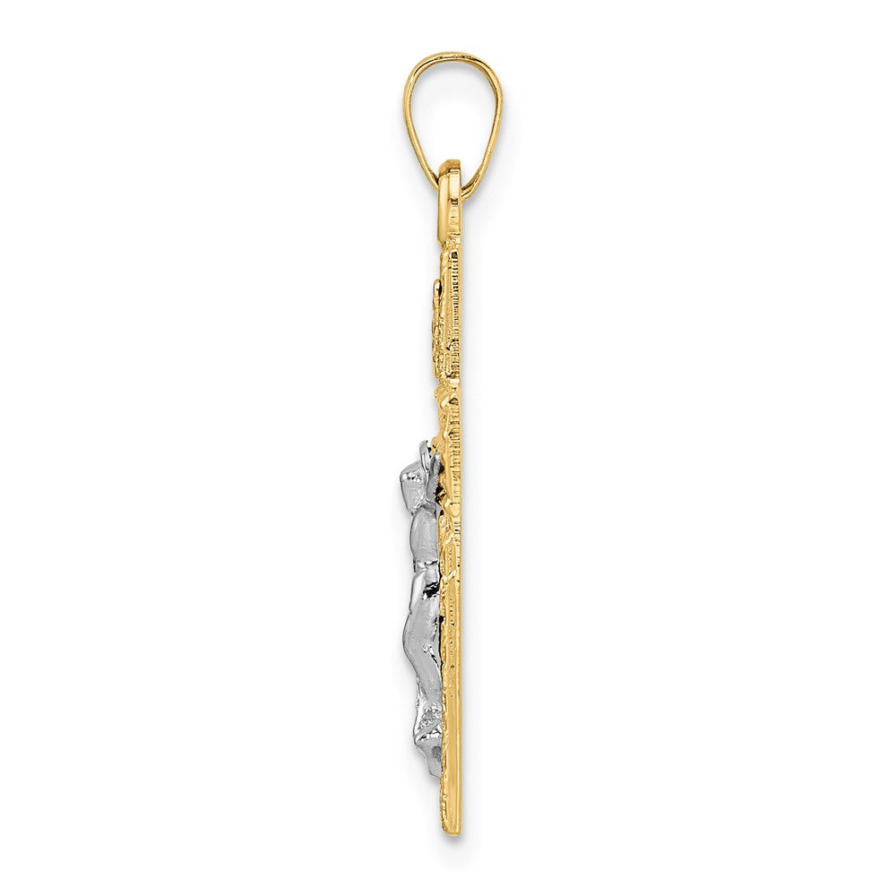 14K Bicolor Gold polierter Kruzifix-Anhänger „INRI“ mit Holzstruktur, massiv