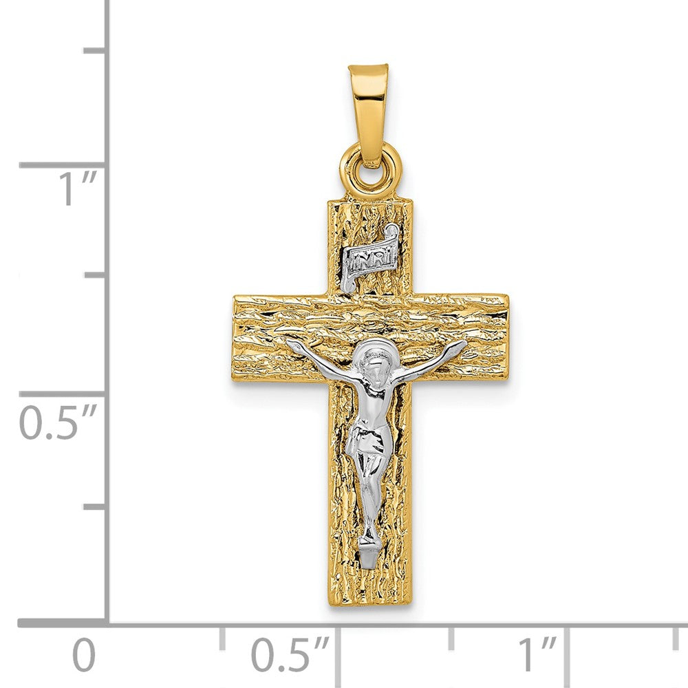 14K Bicolor Gold polierter Kruzifix-Anhänger „INRI“ mit Holzstruktur, massiv