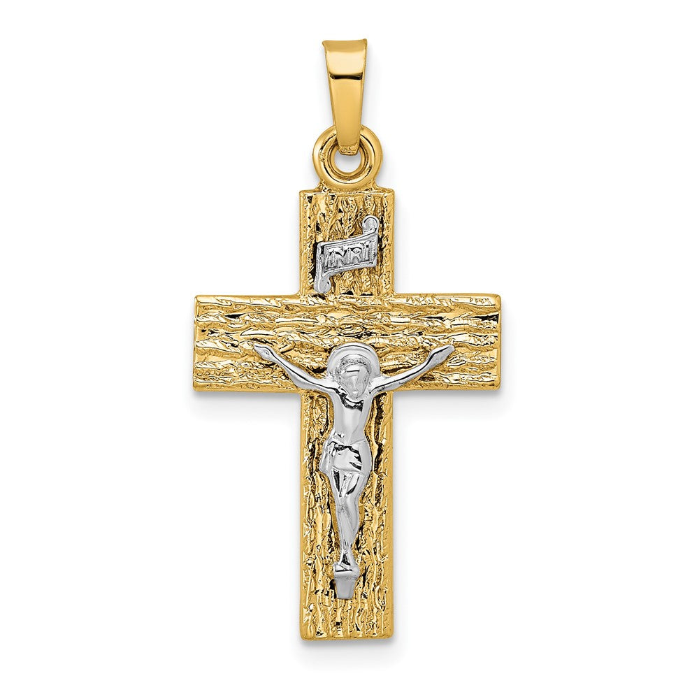 14K Bicolor Gold polierter Kruzifix-Anhänger „INRI“ mit Holzstruktur, massiv