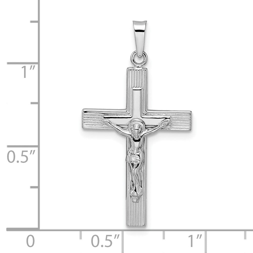 14K Weißgold Polierter Massiver Gestreifter Kruzifix-Anhänger