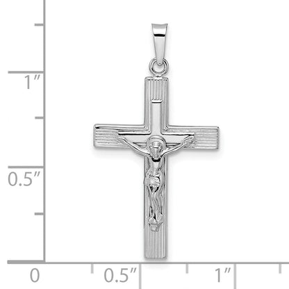 14K Weißgold Polierter Massiver Gestreifter Kruzifix-Anhänger