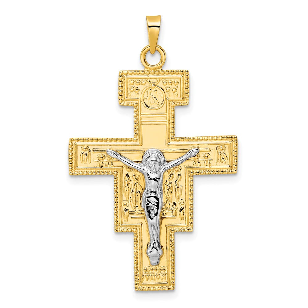 14K Bicolor Gold Polierter Fantasie-Kreuz-Anhänger, massiv