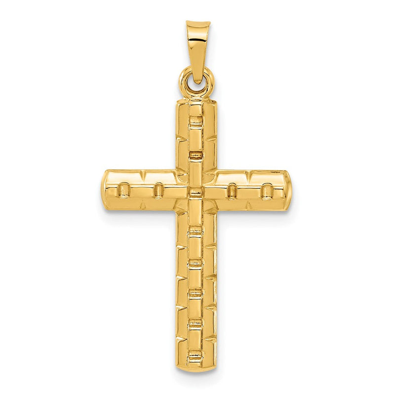 14K Gelbgold Poliert und Strukturiert Hohl Lateinisch Kreuz Anhänger