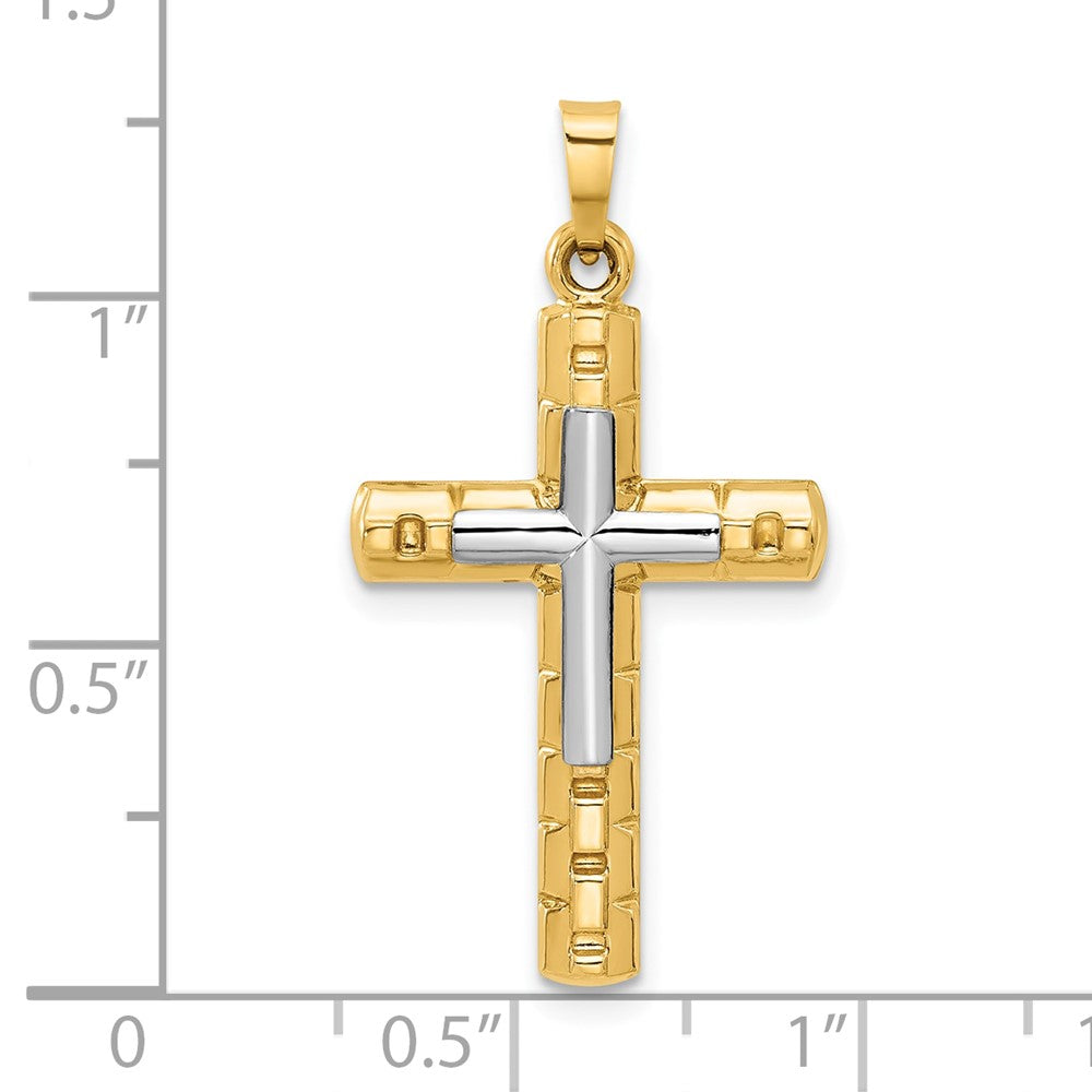 14K Bicolor Strukturiert und Poliert Hohl Lateinisch Kreuz Anhänger