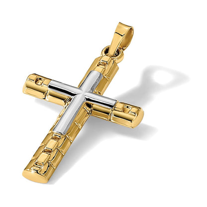 14K Bicolor Strukturiert und Poliert Hohl Lateinisch Kreuz Anhänger